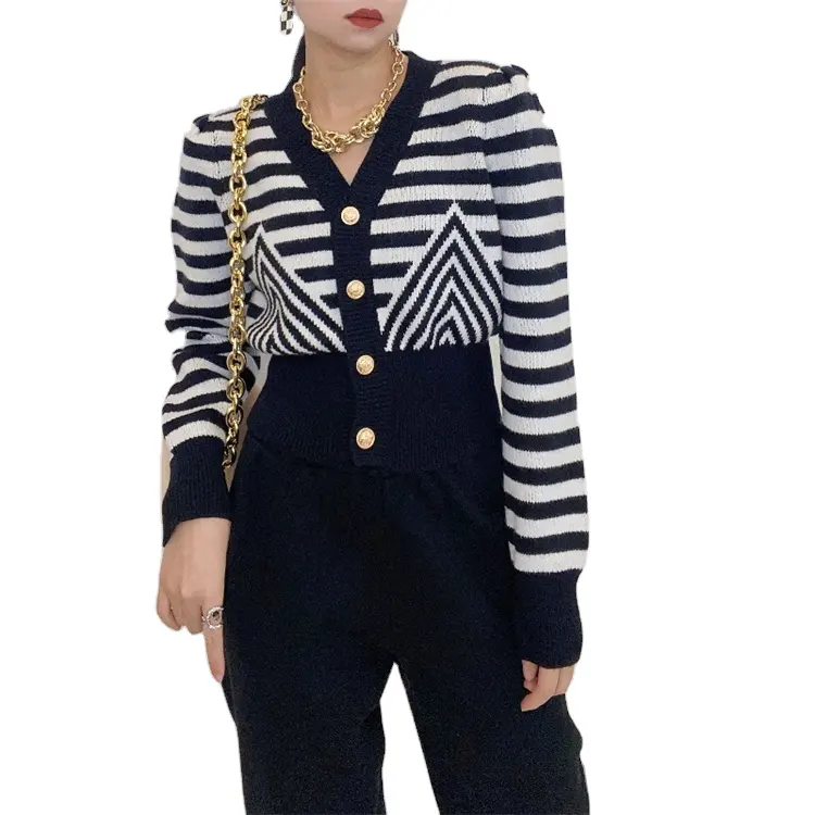 Diamond stripe y2k crop top female clothes Button cardigan women sweater jackets coats