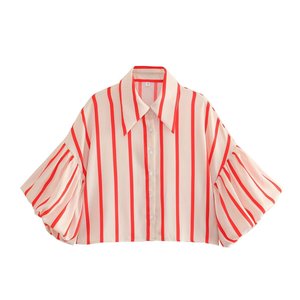 <span class=keywords><strong>Haut</strong></span> court décontracté à rayures et manches lanternes avec col boutonné pour femme – Nouvelle collection printemps - Product Image 6