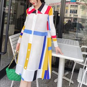 Autunno nuovo Miyak plissettato abiti da donna alla moda tinta unita monopetto ampio abito a manica 3/4 da donna di grandi dimensioni - Product Image 3