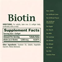 Biotine Vitamine B7 pour adultes, soutient le métabolisme et la gestion de l'énergie, cheveux, peau et ongles sains, 5000 mcg, 72 capsules molles