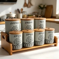 Boîtes de rangement alimentaire multifonctionnelles, ensemble de 7 pots cylindriques en céramique avec poignée et couvercles en bois