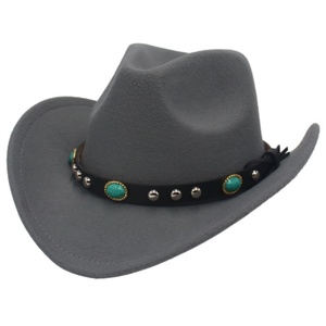 Nouveau Chapeau de soleil transfrontalier, style ethnique euro-américain, avec ruban orné de pierres, type chapeau de cowboy western, à large bord, couleur unie, en feutre tibétain, décontracté - Product Image 1
