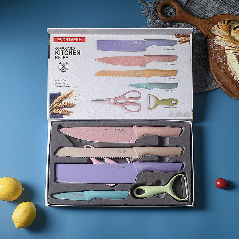 MAIMAI 7-teiliges Küchenzubehör-Messer-Set mit Schneidebrett bunte PP-Griff-Edelstahl-Küchenmesser-Set