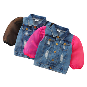 2022 Spring Autumn Fashion Infant Kids Outwear Ripped Denim Single Breasted Puff Mesh Lantern Sleeve Lapel Coats Girls Jacket - Product Image 1