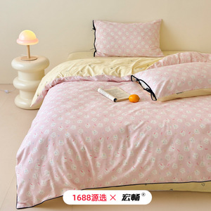 Juego de Ropa de Cama de Cuatro Piezas Estilo Princesa Francesa, 100% Algodón Estampado, con Detalles de Lazo de Cuerda - Product Image 1
