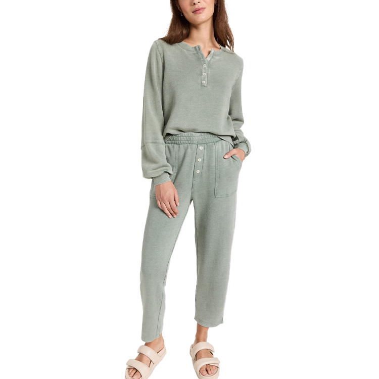 Women Henley Sweater Sets Crew Neck