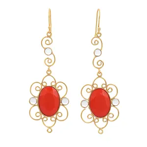 925 Sterling Silver Cute Coral Gemstone Heggie Earring for 18k Gold Plated For Woman and girls Earring