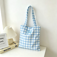 Tas Tote Kanvas Kotak-kotak Ramah Lingkungan dengan Logo Kustom, Kapasitas Besar, Dapat Didaur Ulang, Tas Belanja Selempang dengan Saku untuk Penggunaan Sehari-hari saat Bepergian