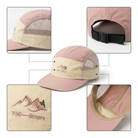 Casquette de camping 5 panneaux personnalisée avec broderie montagne, blocs de couleur, côtés en maille, séchage rapide, pour activités de plein air, camping et course à pied