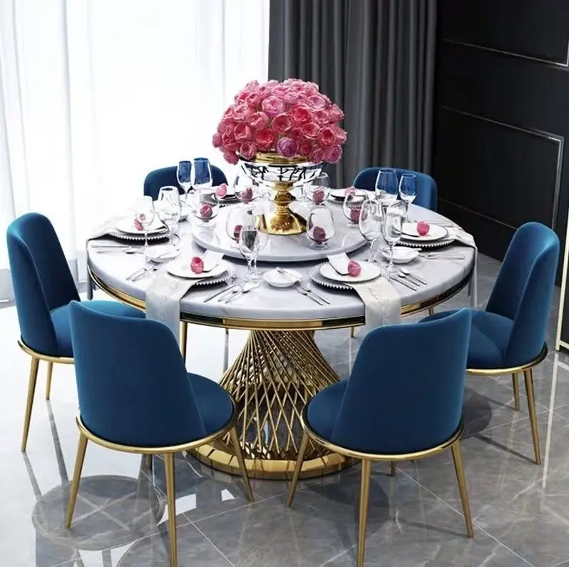 2020 massima di vendita moderna di lusso di pietra di marmo top in acciaio inox gambe sala da pranzo set di metallo da pranzo set da tavola