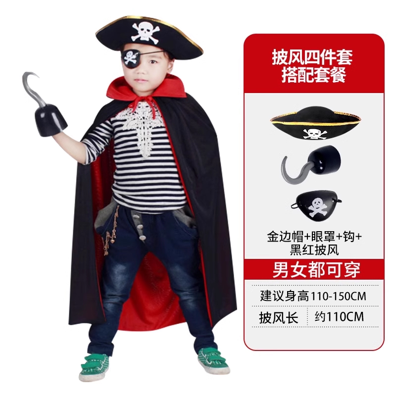 Mantello nero e rosso + cappello + maschera per gli occhi + gancio