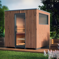 Sauna extérieur moderne électrique pour villa, avec chauffage infrarouge, vue sur fenêtre, construction en bois massif de cèdre rouge canadien