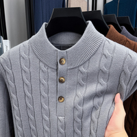 Herren Klassischer Modischer Gestrickter Wollmischung Pullover Langarm Rundhals Lässiger Warmer Winter Einreihiger Maßgeschneiderter Vorderknopf-Pullover