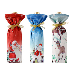 Sacs cadeaux pour bouteilles de vin de <span class=keywords><strong>Noël</strong></span>, sacs du <span class=keywords><strong>Père</strong></span> <span class=keywords><strong>Noël</strong></span>, imprimés <span class=keywords><strong>Père</strong></span> <span class=keywords><strong>Noël</strong></span>, bonhomme de neige, renne, polyester, écologiques, réutilisables, ruban doré, pour les fêtes - Product Image 5
