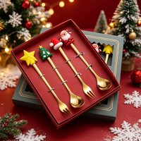 Coffret Cadeau de Noël 2 4 6 Pièces Ensemble de Couverts en Acier Inoxydable Doré Cuillère à Dessert Fourchette avec Manche Dessin Animé pour Fêtes de Fin d'Année