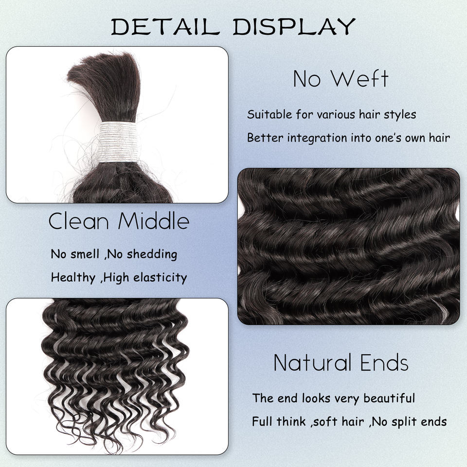 Raw Boho Human Hair Bundles Deep Wave 18inch Bulk Human Hair for Braiding