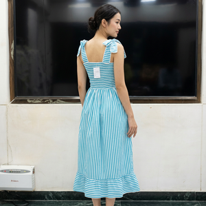 Mint Striped A-Line Midi <b>Dress</b> Square Neck Sleeveless Ruffle Hem Casual Summer <b>Dress</b> Woven Cotton <b>Dress</b> - Product Image 4