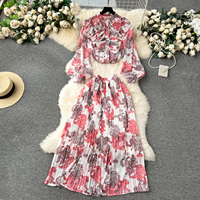 Ensemble imprimé rétro personnalisé jupe mi-longue plissée en mousseline de soie pour femmes ensemble de robe d'été rose en deux pièces
