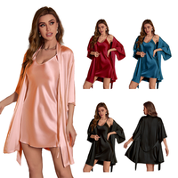 Robe de pyjama d'été sexy et décontractée pour femme en polyester doux et respirant, peignoir en satin, ensemble de pyjama rafraîchissant rouge