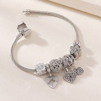 Bracelet en Chaîne Serpent pour Femme, Plaqué Argent, Breloques DIY, Cœur, Cadenas, Boîte Cadeau, Fleur Creuse, Perles en Cristal et Strass, Vente en Gros