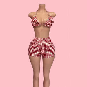 PEEQI Completo a quadri <span class=keywords><strong>con</strong></span> <span class=keywords><strong>top</strong></span> corto a maniche lunghe <span class=keywords><strong>con</strong></span> laccetti e pantaloni capri a vita bassa, nuovo set estivo <span class=keywords><strong>con</strong></span> bralette allacciata e pantaloncini <span class=keywords><strong>con</strong></span> <span class=keywords><strong>bottoni</strong></span>, 2 pezzi - Product Image 3