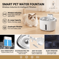 Fontaine à eau pour chat élégante et mignonne, sans fil, en plastique et acier inoxydable, avec batterie, filtre automatique intelligent à 4 étapes, silencieuse en mode veille