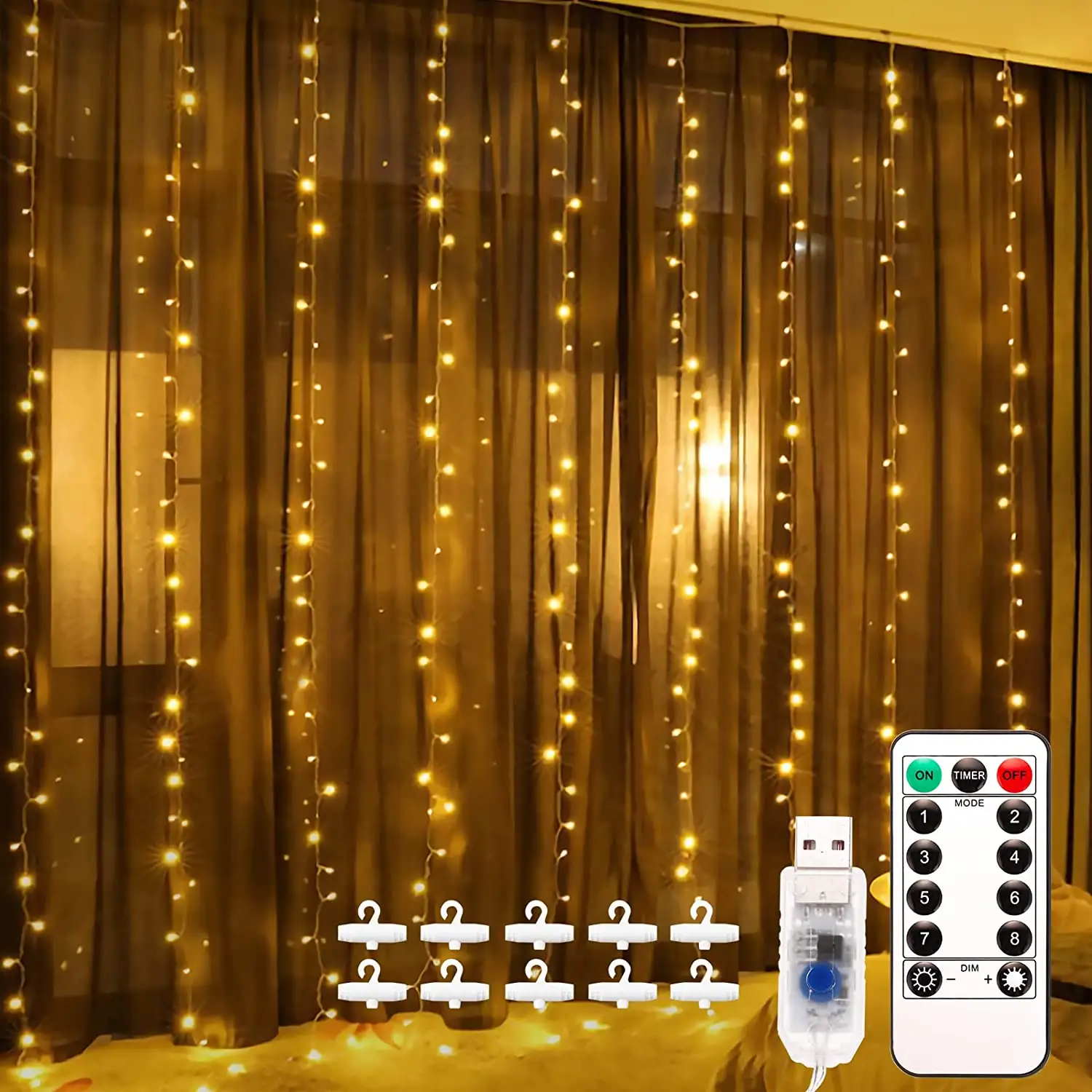 300 LEDs IP67 Warm white Remote Control USB Plug in Fairy Copper Wire Curtain LED String Lights for Indoor Decoration
