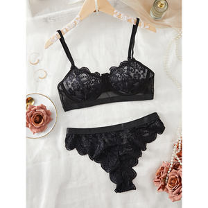 高品质女士奢华透明女式钢托聚拢文胸丁字裤蓝色 2 件套蕾丝内衣套装 - Product Image 2