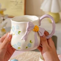 Mug en céramique de 500 ml grande capacité, peint à la main, avec nœud 3D, motif floral coloré, tasse à eau