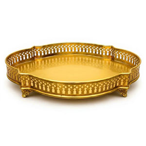 Luxury Gold Brass <b>Round</b> Decorative <b>Tray</b> with Intricate Floral Engraving Ornate Openwork Border Raised Feet and Elegant - Product Image 1