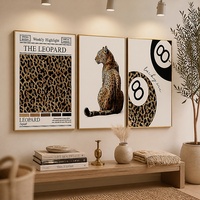 Ensemble mural élégant de trois tableaux Leopard 8 Ball encadrés en alliage doré mat pour la décoration de maisons de luxe et de salles d'exposition immobilières