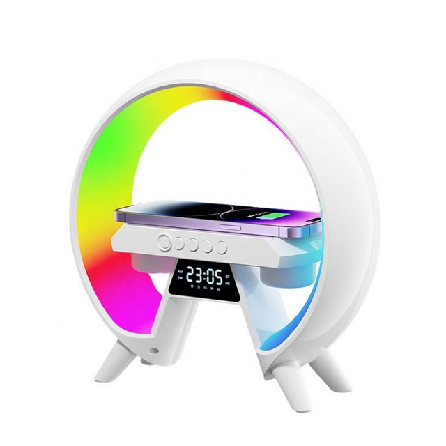 Factory Wholesale G Shape 3 in 1 Wireless Charger Lamp Speaker Wireless Charger With Speaker Light and Clock Transparent Speaker