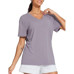 Camiseta de Manga Corta para Mujer, Cuello en V, Corte Holgado, Transpirable, de Poliéster Jersey, Informal, para Entrenamiento, Top Básico de Verano - Product Image 5