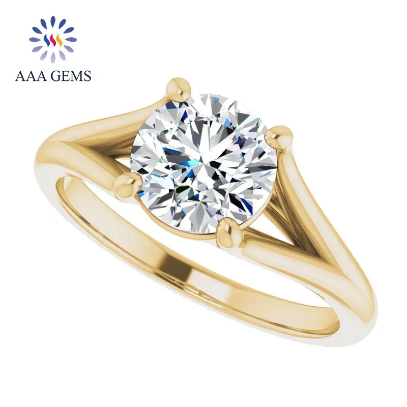 Custom Lab Gekweekte Diamanten Sieraden 14K Geel Goud Rond Briljante Moderne Split Shank Solitaire Diamanten Verlovingsring