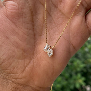 Women's 1+1CT Two Stone Diamond Necklace <b>Emerald</b> Pear Cut Lab Grown Diamond <b>Pendant</b> IGI Certified 14K Yellow Gold Classic - Product Image 1