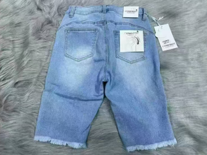 Comodo7 lavado de alta calidad elástico de pierna ancha holgado cintura media recto Sexy pantalones cortos de mezclilla bordados para mujer - Product Image 5