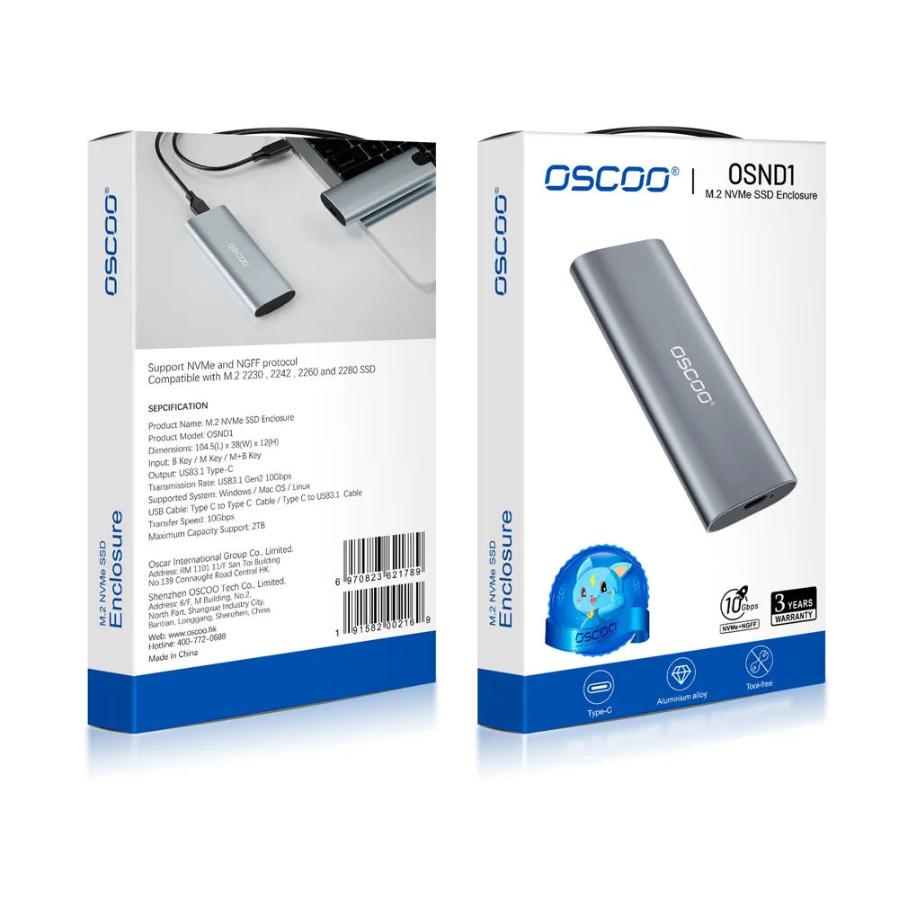 OSCOO Wholesale M.2 NVMe SSD Enclosure 10Gbps USB C USB3.1 Hard Drive Case External Hard Disk Box