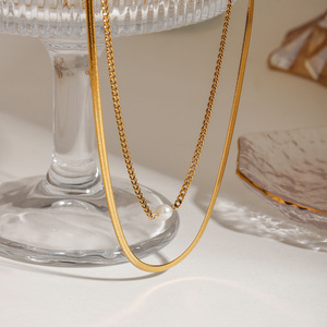 Collar de Cadena Doble con Perla, Acero Inoxidable 18K, Joyería de Moda Unisex - Product Image 2