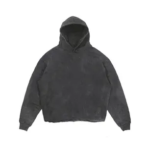 OEM Supplier Custom Logo Unisex Oversized Distressed Acid Washed Hoodie Bottom Cut Vintage Sweatshirts Raw Hem Cropped Hoodies