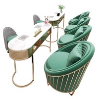 Table de manucure moderne avec cadre en métal doré de luxe, simple ou double, avec un ensemble de chaise et un collecteur de poussière