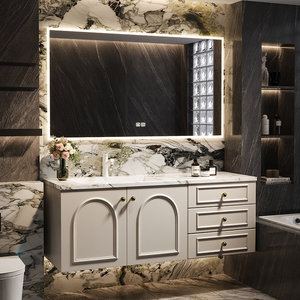 French-style Luxury Stone-Look Seamless Ceramic Integrated Basin Smart Multi-Function <b>Mirror</b> <b>Wall</b>-Mounted Bathroom Cabinet - Product Image 3