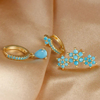 Perhiasan Wanita Grosir Perak Sterling 925 Set Anting Hoop Bunga Hijau Turquoise untuk Anak Perempuan
