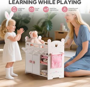 Lit de <span class=keywords><strong>poupée</strong></span> <span class=keywords><strong>en</strong></span> <span class=keywords><strong>bois</strong></span> avec <span class=keywords><strong>table</strong></span> <span class=keywords><strong>à</strong></span> <span class=keywords><strong>langer</strong></span> et rangements, crochets pour literie, compatible avec les poupées, lit pour poupées pour filles de 3 ans et plus - Product Image 5