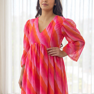 Vestido midi de gasa con cuello en V y mangas abullonadas, a rayas de color caramelo, cintura imperio, corte A, holgado, informal de verano para mujer - Product Image 1