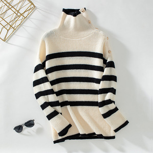 Alla moda da donna con Pullover a righe con risvolto EUUS taglia maglieria per l'autunno inverno - Product Image 1