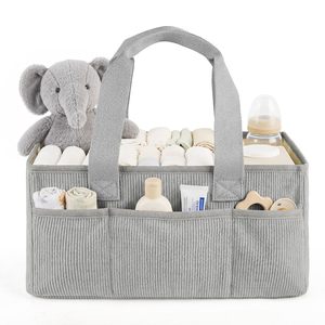 Panier de rangement pliable en velours côtelé gris avec poignée, organiseur de couches pour bébé et rangement quotidien - Product Image 1