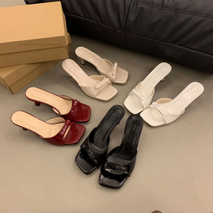 French-Style Women's High Heel Slippers Elegant <b>Open</b> Back Square Toe Slide Sandals All-Match Outwear With Slip-On Closure - Product Image 1