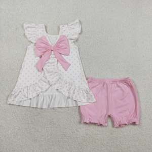 GSSO3018 RTS Little Active Girl Pink polka cross lamp Print Outfits Kids Wholesale short Sleeve Set Girl Child - Product Image 2