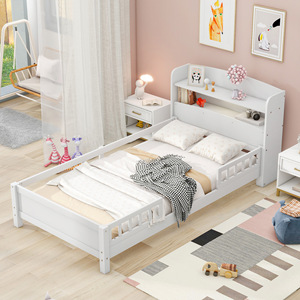 White Solid Wood <b>Kids</b> Bed With <b>Storage</b> Shelf For Children Bedroom Furniture - Product Image 3