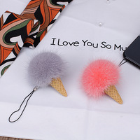 Fourrure de vison Mini crème glacée téléphone portable pendentif doux en peluche porte-clés bijoux